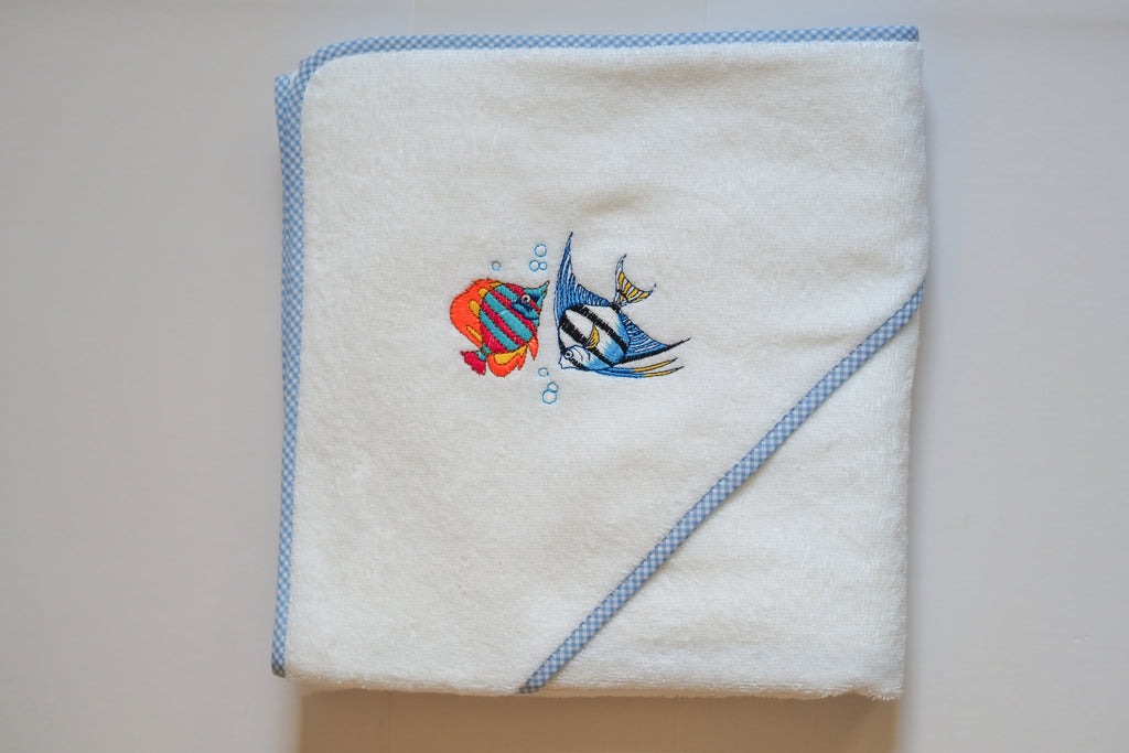 Handgefertigtes Badetuch mit Kapuze "FISCHE"